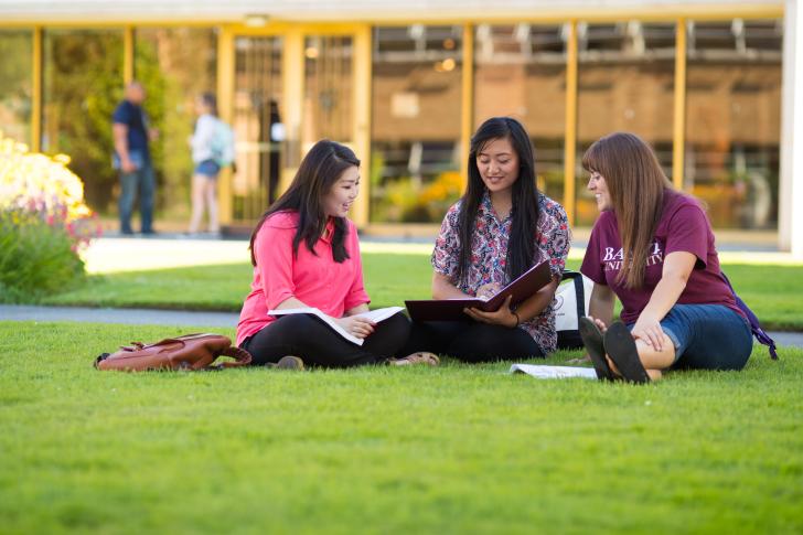 three students talking on lawn