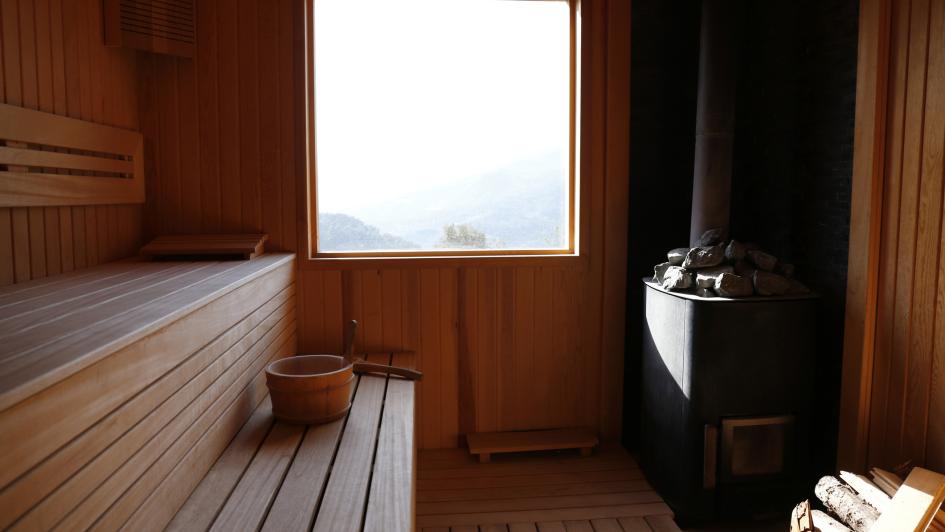 sauna with wooden walls