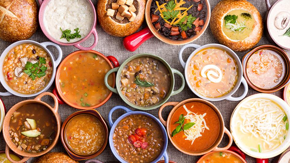 a variety of different bowls of soup