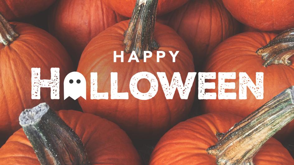 bunch of pumpkins with "happy halloween" text overlay