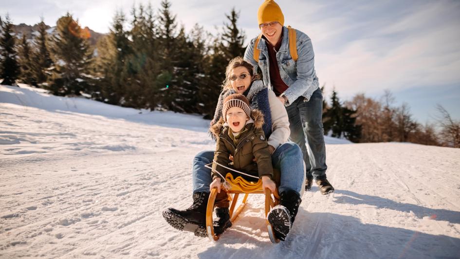 Family having fun sledding 